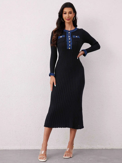 'Rhoswen' Knitted Long Sleeve Sweater Dress - Celes Fashion